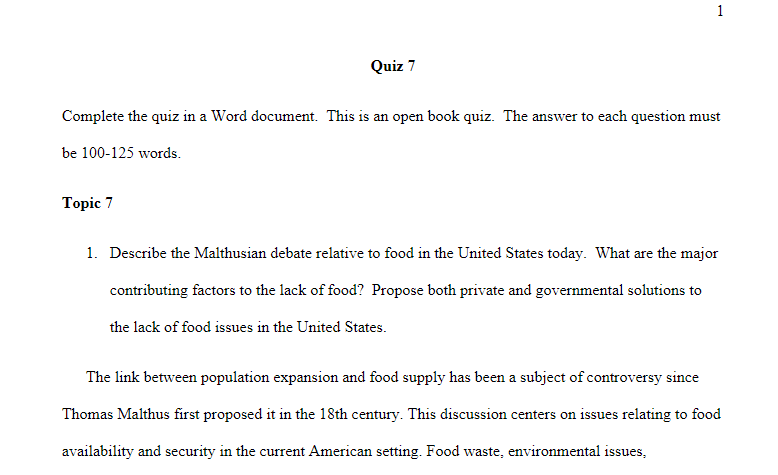 Describe the Malthusian debate relative to food in the United States today