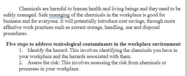 Toxicological Contaminants in  Workplace Environment