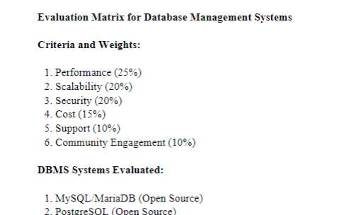 Evaluation Matrix for Database Management Systems-INT 2840