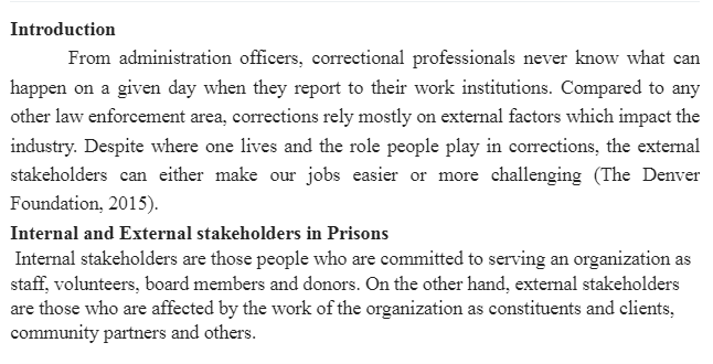 Internal and External Stakeholders in Prisons