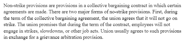 Non-strike Provisions in  Collective Bargaining Contract 