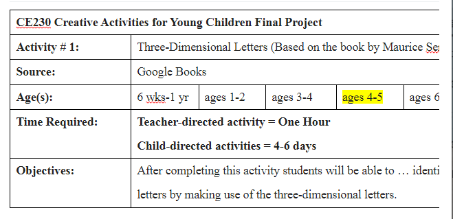 Creative Activities for Young Children Final Project