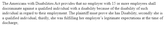 Americans with Disabilities Act-elements of a Prima Facie
