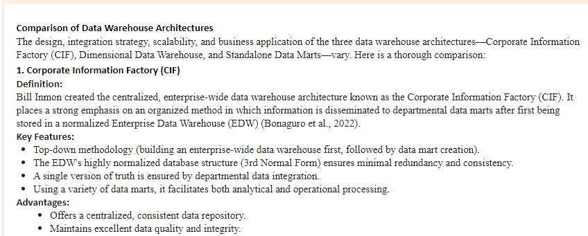 Comparison of Data Warehouse Architectures