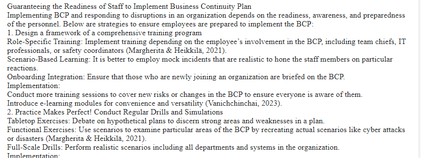 Readiness of Staff to Implement Business Continuity Plan